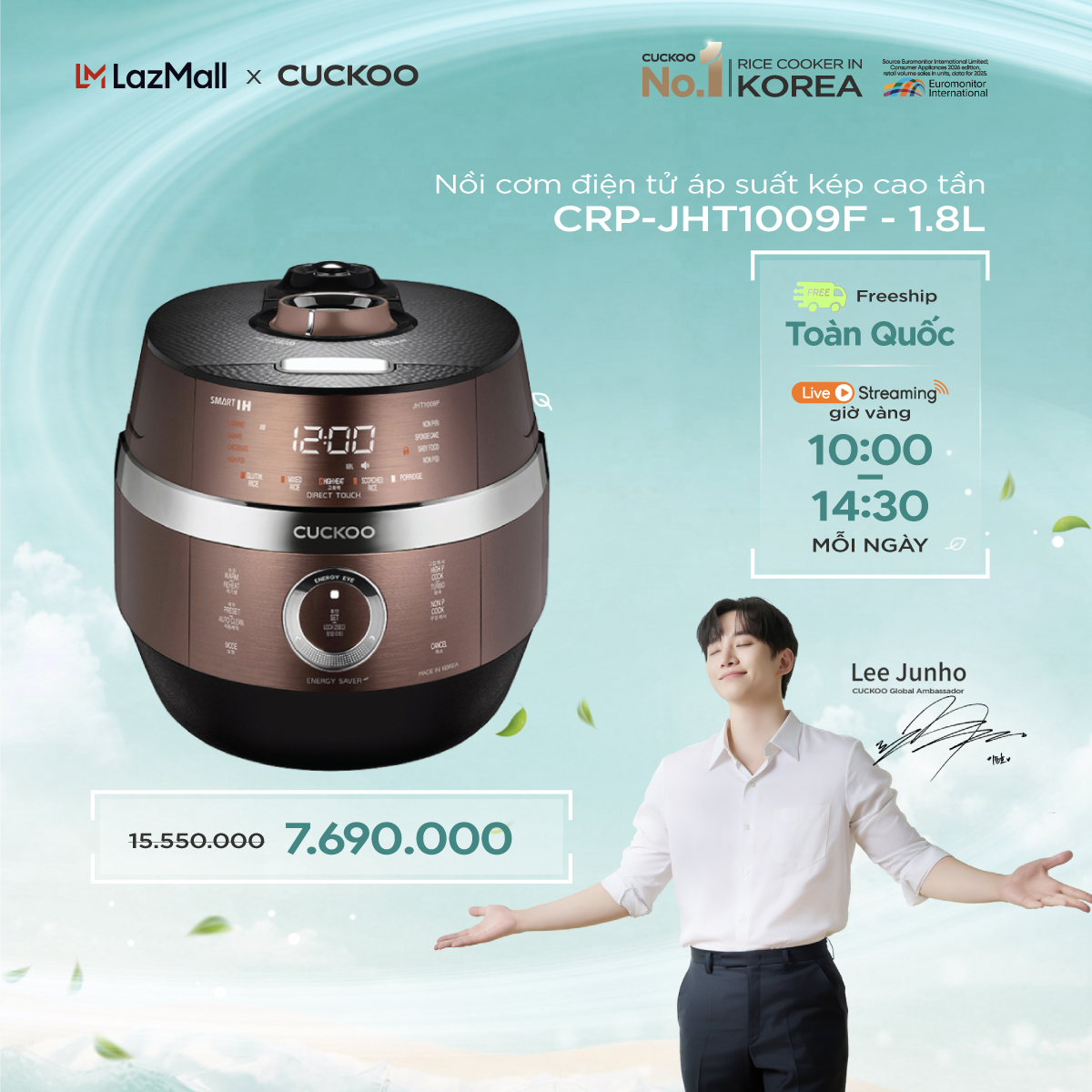 Nồi cơm điện tử áp suất cao tần Cuckoo 1.8 lít CRP-JHT1009F - Tùy chọn nấu áp suất và không áp suất, lòng nồi chống dính Xwall - Hàng chính hãng