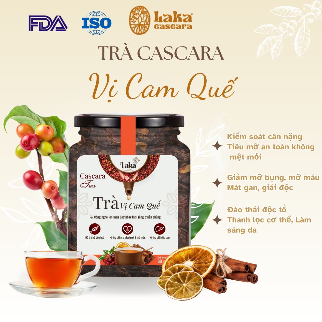 Trà cà phê cascara laka hộp 60 gr vị cam quế , 100% quả cà phê chín mọng hỗ trợ giảm cân, ngừa lão hóa