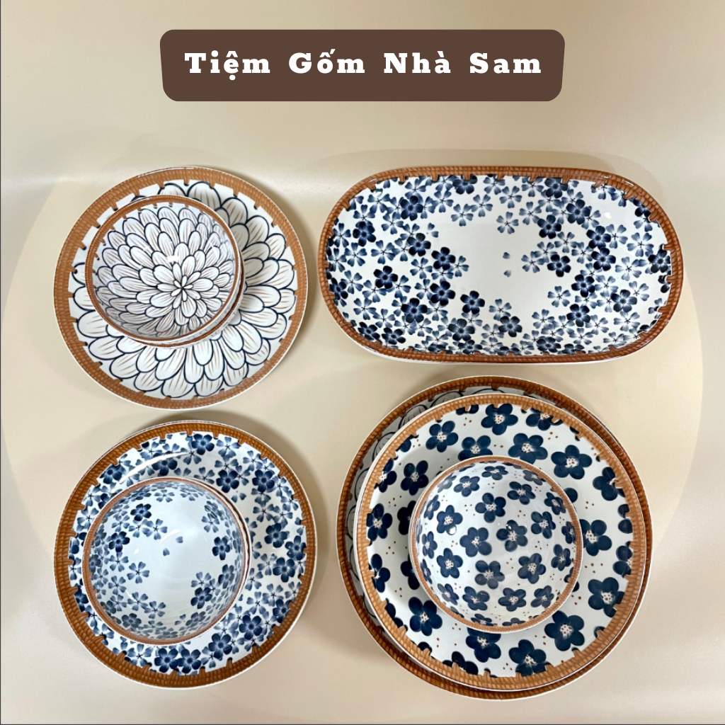 Bộ chén dĩa mây nhật của tiệm gốm nhà sam, bát đĩa phong cách nhật bản họa tiết màu sắc nổi bật