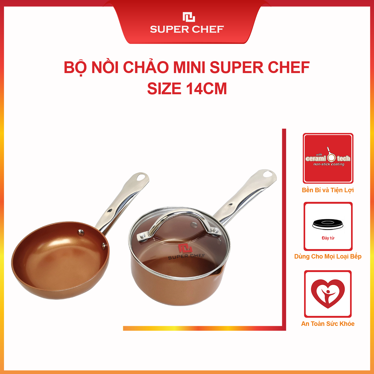 Bộ chảo nồi mini chống dính Ceramic nấu cháo cho bé SUPER CHEF Hợp Kim tráng men 14cm