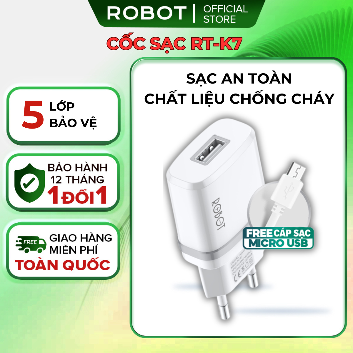 Cốc sạc Robot RT-K7 củ sạc cổng USB 1A tặng kèm cáp microusb sạc an toàn nhỏ gọn bảo vệ thông minh dành cho iphone 12 pro 13 max 11 mini 8 plus samsung htc xiaomi asus vivo oppo huawei realme google l bảo hành 12 tháng