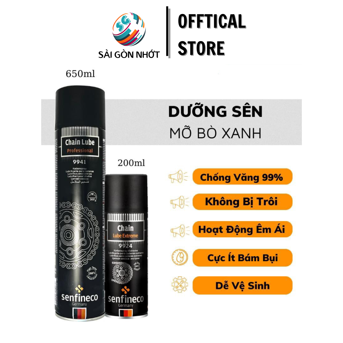 DƯỠNG SÊN SENFINECO 9924 200ml, 9941 650ml Cao Cấp, Mỡ Bò Xanh, Chống Văng, Bảo Dưỡng Sên Xe Máy