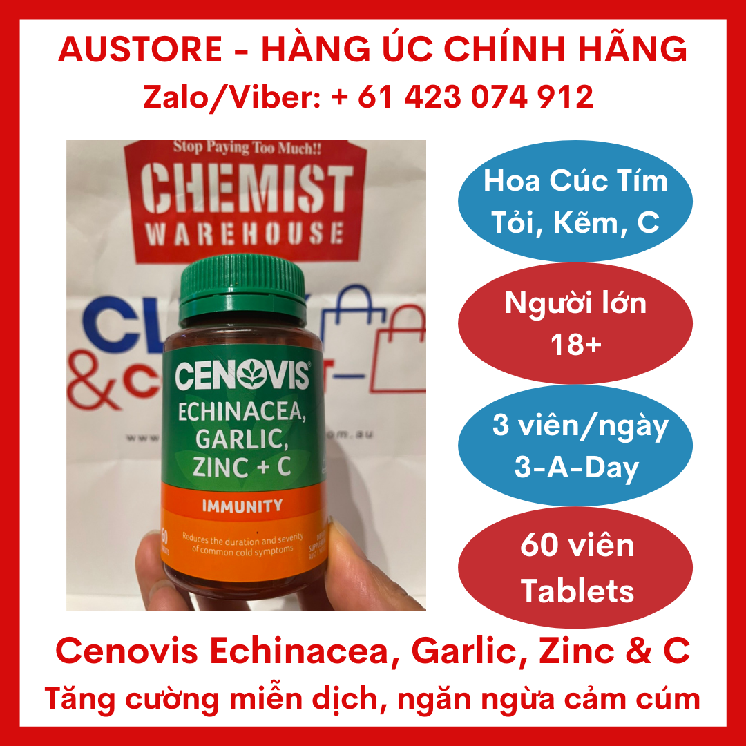 [Bill Úc, Date 08/2024] Cenovis Echinacea, Garlic, Zinc & C 60 Tablets - Viên uống Cenovis chứa chiết xuất Hoa Cúc Tím, Tỏi, Kẽm & Vitamin C giúp tăng cường sức khỏe miễn dịch, ngăn ngừa cảm cúm