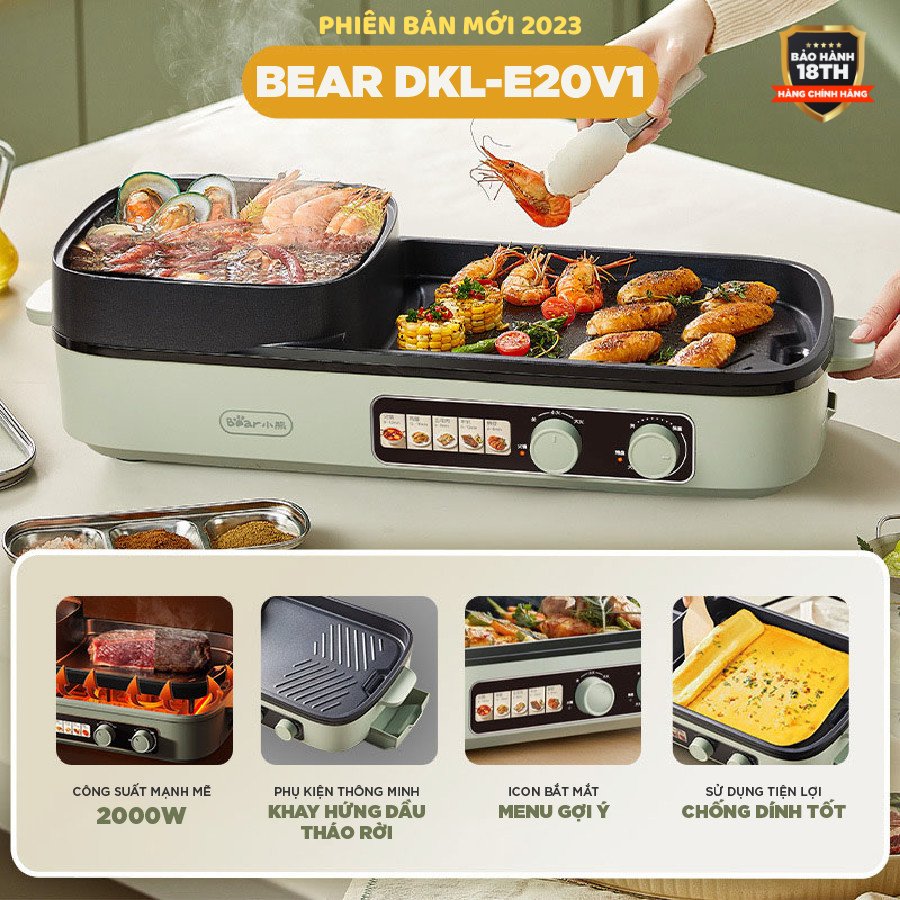 Nồi lẩu nướng điện 3.5L đa năng Bear DKL-E20V1, 2000W, Khay dầu tháo rời đa năng tiện lợi, chiên, hầm, BH 18 tháng