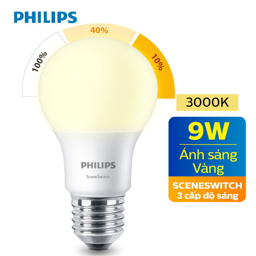Bóng đèn LED Philips Scene Switch 9W 3 cấp độ chiếu sáng 3000K E27 A60 - Ánh sáng vàng