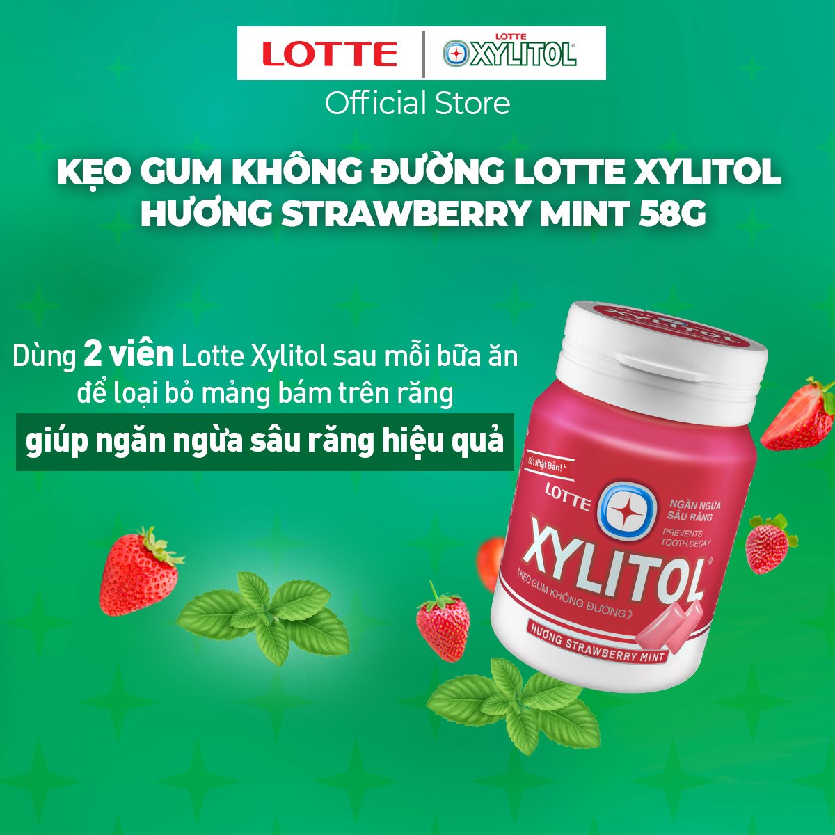Combo 6 hộp Kẹo Gum Không Đường Lotte Xylitol - Hương Strawberry Mint 58g