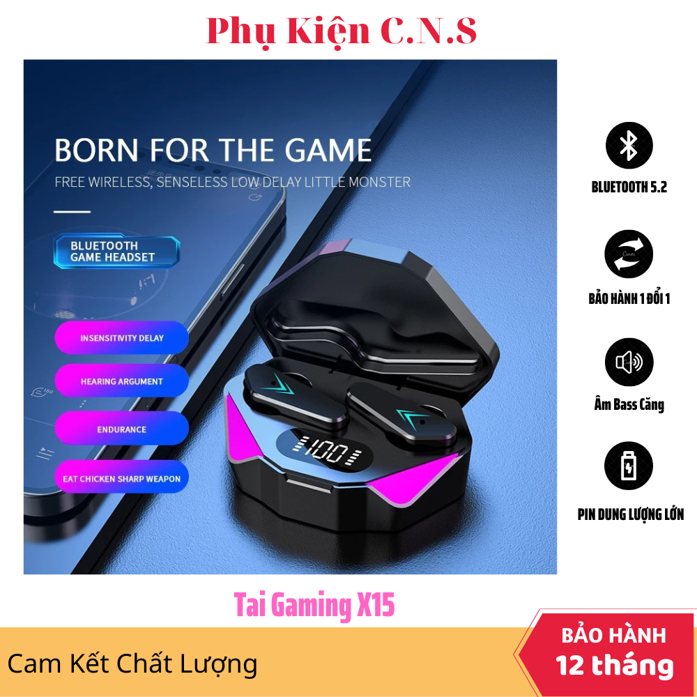 Tai nghe bluetooth không dây gaming x15 cns shop, tai nghe tws gaming x15 bluetooth 5.0 có mic độ trễ cực thấp