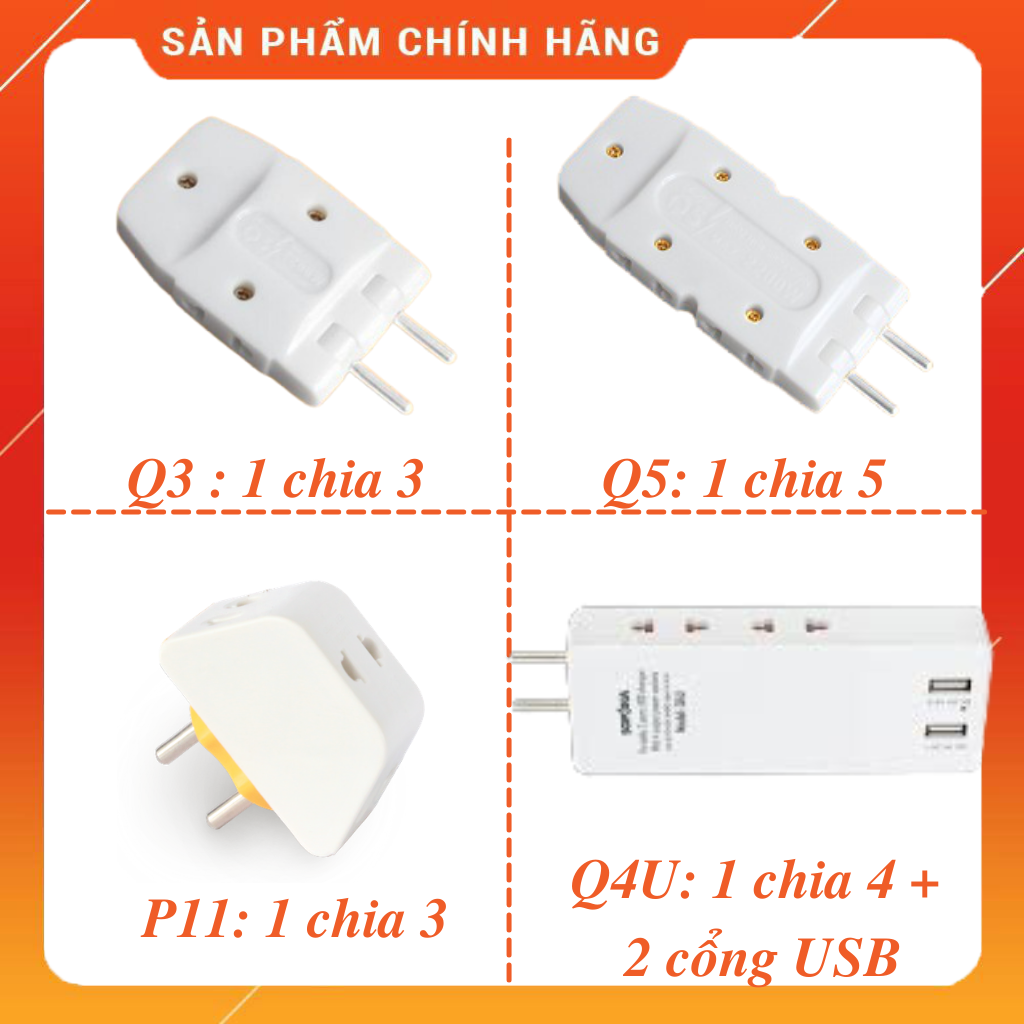 Phích cắm điện thông minh 1 chia 3 ,4 hoặc 5 có loại tích hợp cổng sạc USB 5V SOPOKA Q3 Q4U Q5 P11