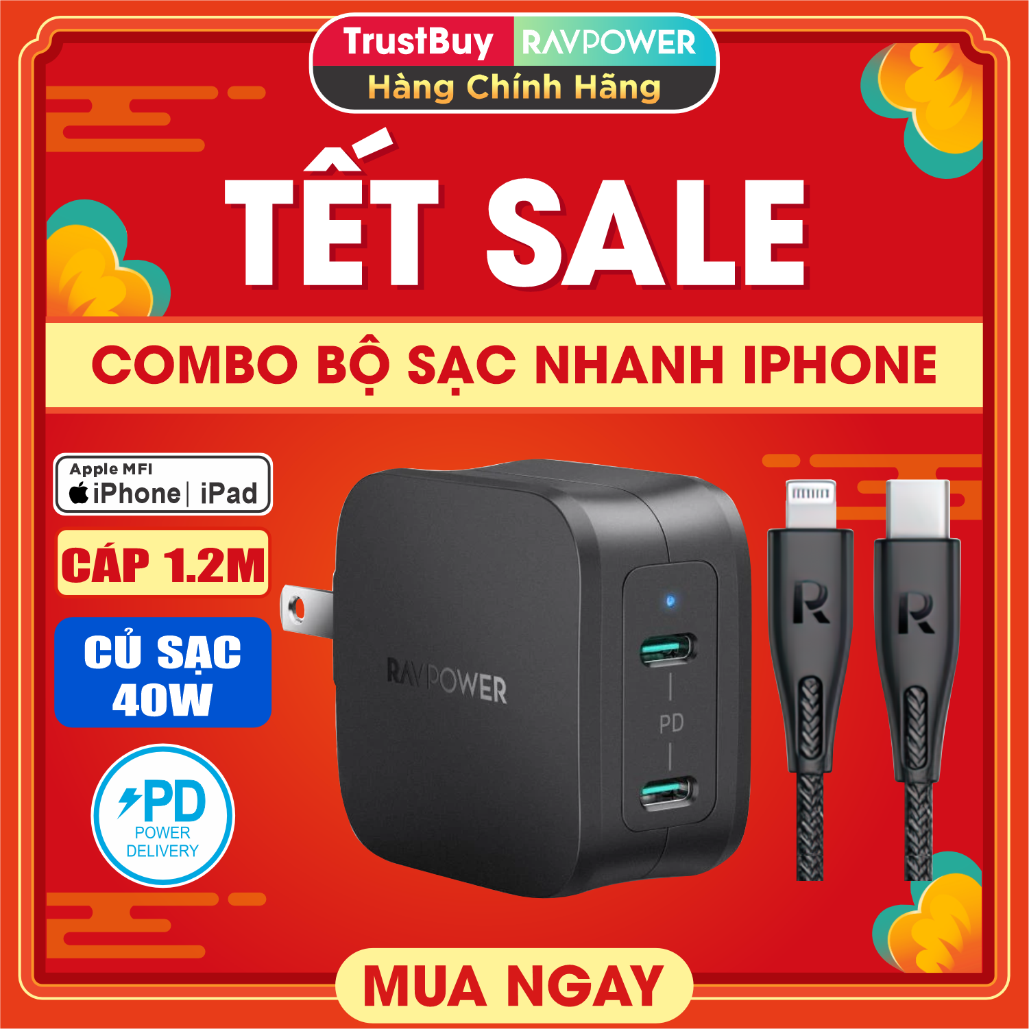 Bộ củ sạc nhanh cho iphone 2 cổng type c 40w ravpower rp-pc152 và cáp type c to lightning mfi c94 dây nylon dài 1.2m rp-cb1017-b - hàng chính hãng