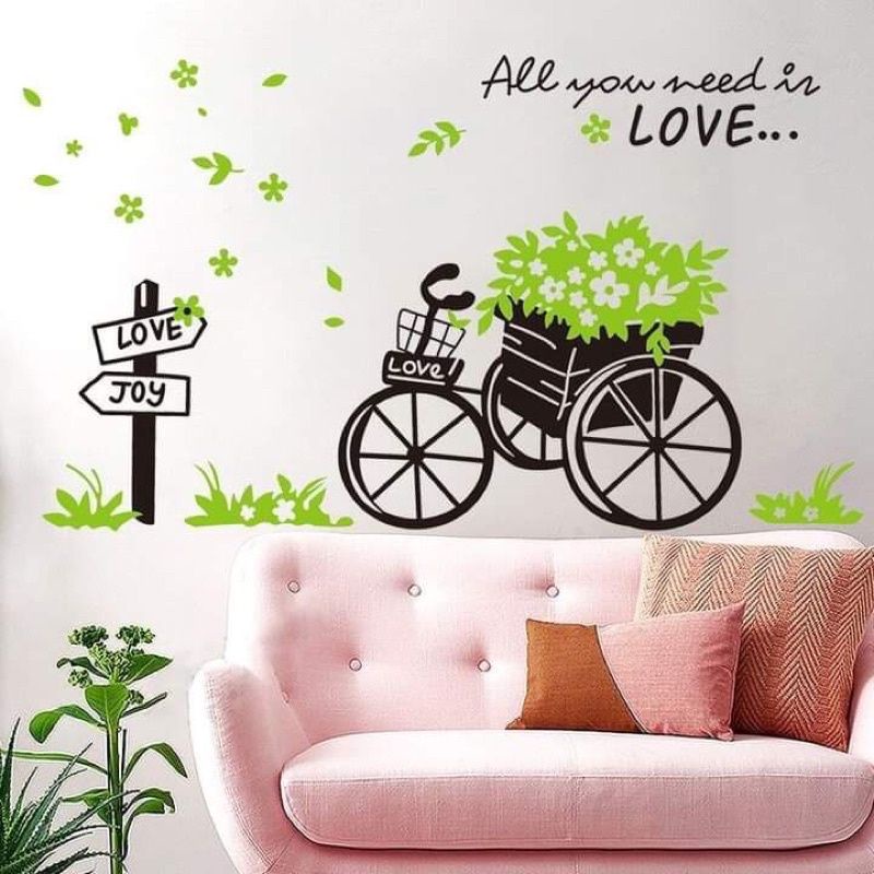 Decal dán tường xe đạp giỏ xanh_ trang trí phòng khách