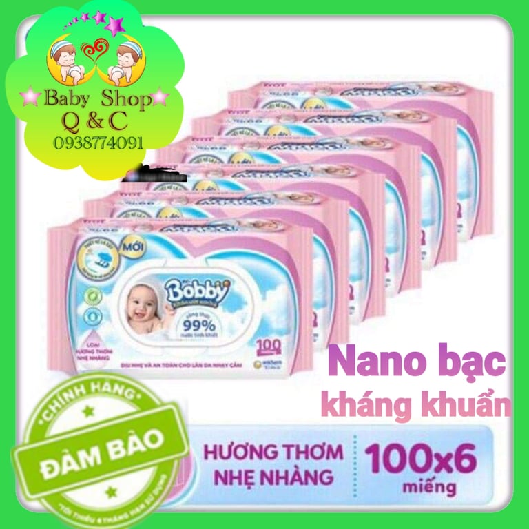 *combo 6 khăn ướt bobby 100 tờ loại hương thơm nhẹ nhàng màu hồng