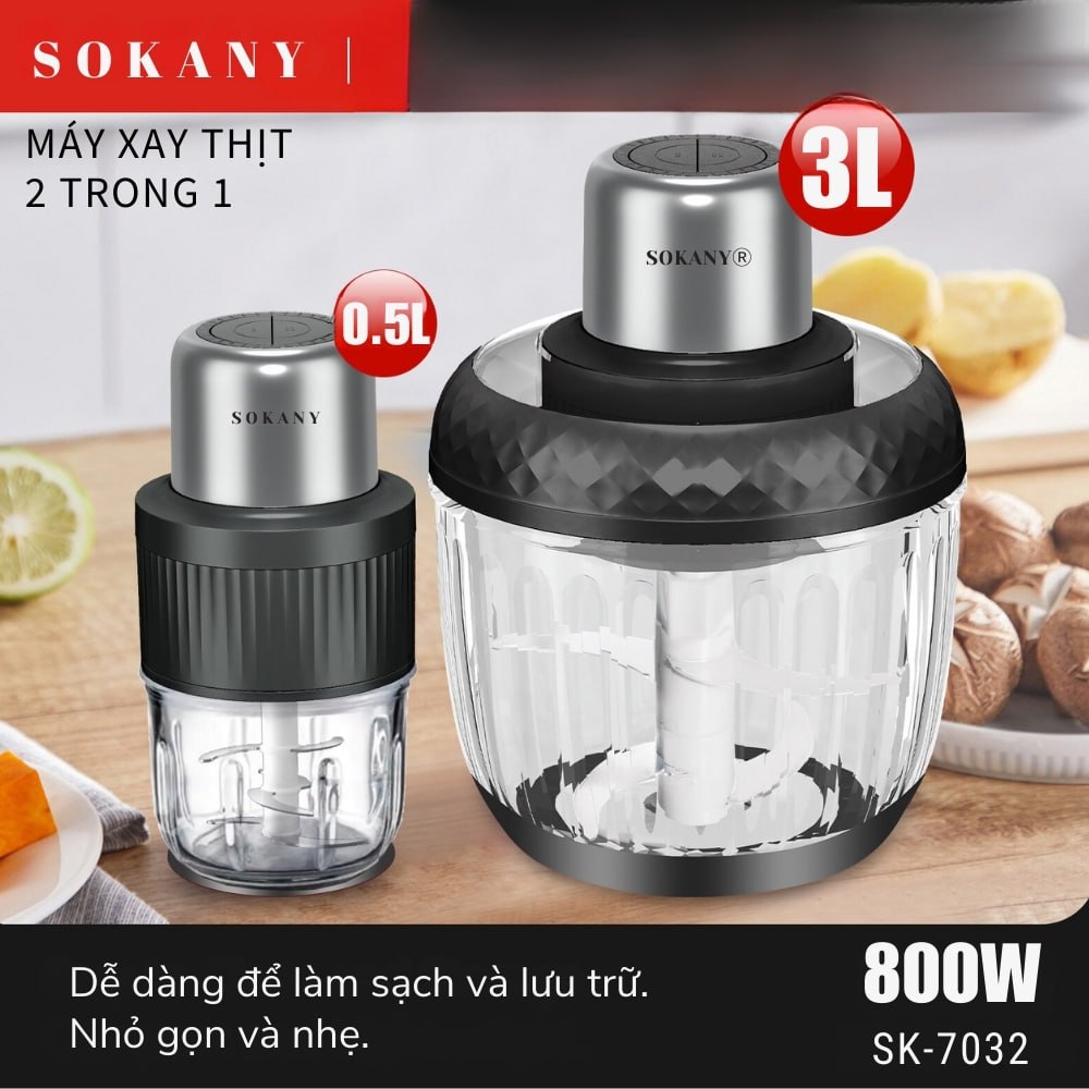 Máy xay thịt đa năng 2 IN 1 SOKANY SK-06008, máy xay thịt tỏi ớt công suất cao 800W, cối thủy tinh cao cấp chắc chắn - DELIYA