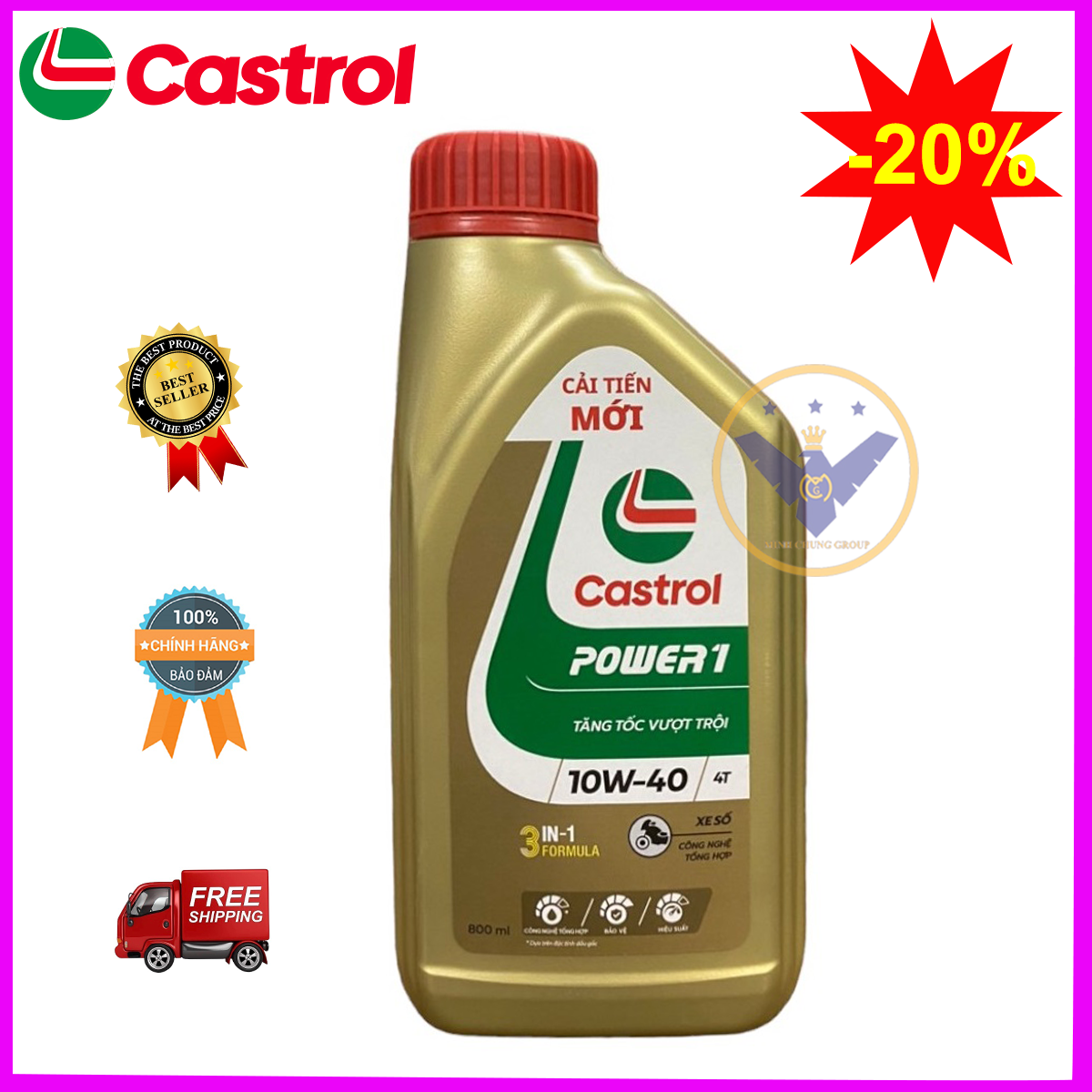Dầu nhớt xe số cao cấp tổng hợp castrol power 1 4t 10w-40 lon 800ml