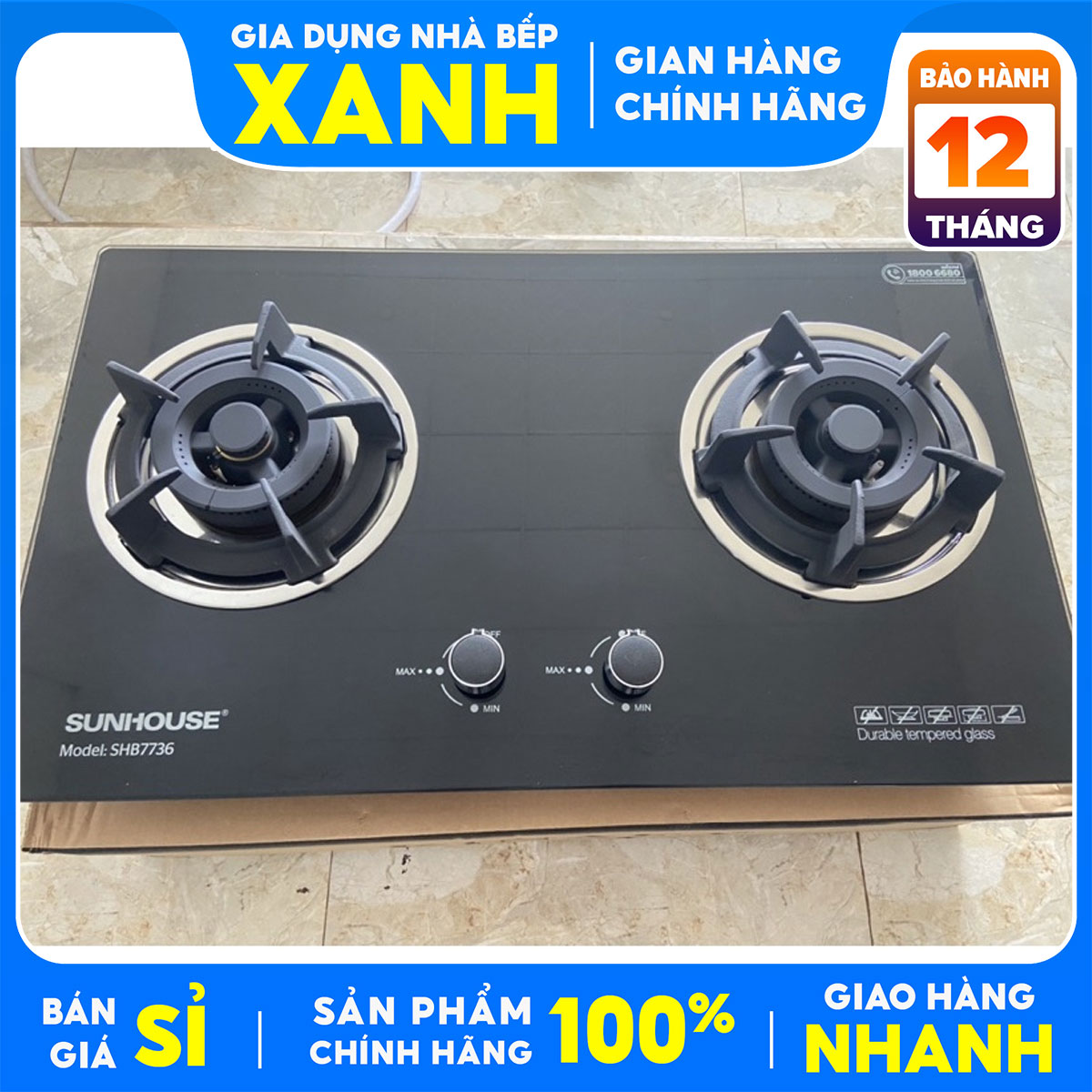 Bếp gas âm cao cấp Sunhouse SHB 7736 Mới Chính Hãng 100%+Tặng Dây gas- Đánh lửa IC-Cảm ứng ngắt gas an toàn,đầu hâm tiện lợi- tiết kiệm gas-BH 24 tháng