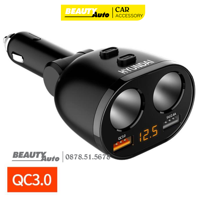 Bộ Chia Tẩu Ô Tô, Bộ Chia Tẩu Sạc Xe Hơi, Bộ Chia Tẩu Hyundai 3.1 A Chia 2 Nguồn, 2 Cổng Sạc Cao Cấp