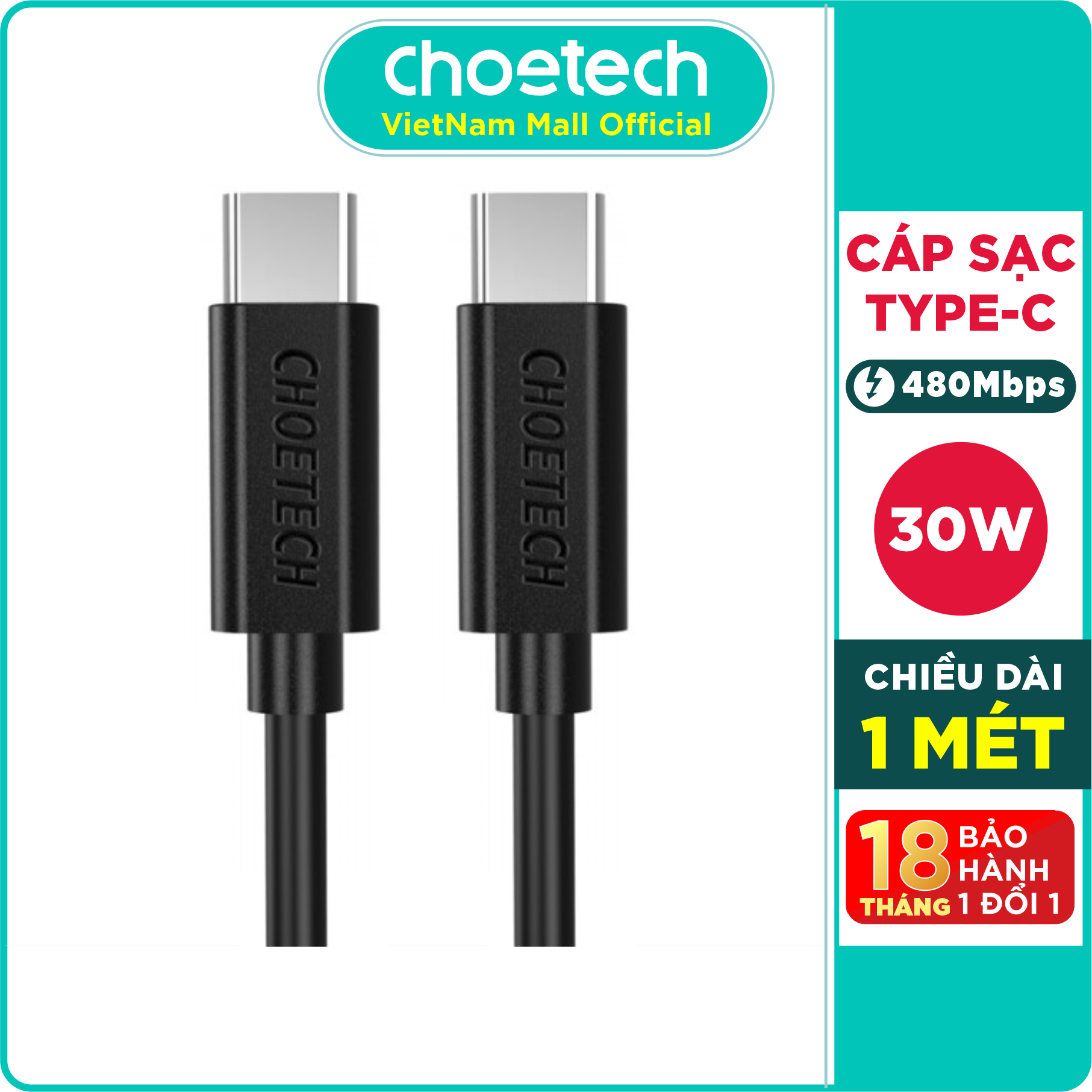 Dây Cáp Sạc Điện Thoại USB Type C To Type C 30W Dài 1M CHOETECH CC0002-V2 - Hàng Chính Hãng