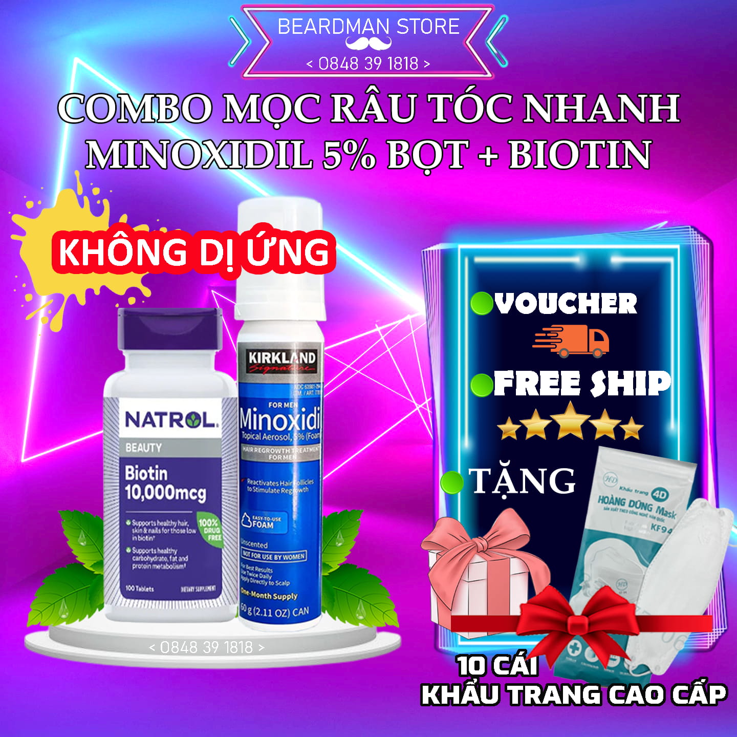 Minoxidil 5% bọt mọc râu nhanh + biotin 10000mcg