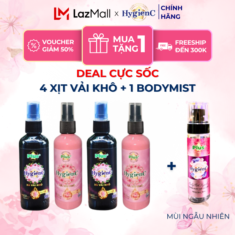 [Deal Sốc] Combo 5: 4 Chai Xịt Vải Khô 100 ML + 1 Chai Xịt Cơ Thể Bodymist 105 ML (Thương Hiệu Hygienc Plus)