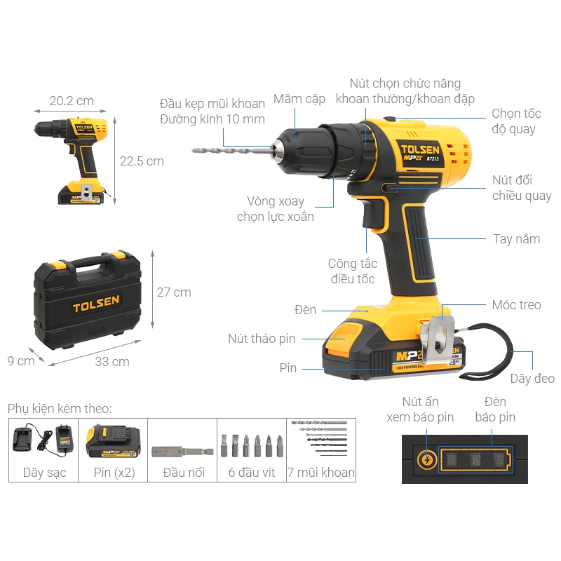 MÁY KHOAN PIN 20V 10MM (CÓ BÚA ) TOLSEN 87213