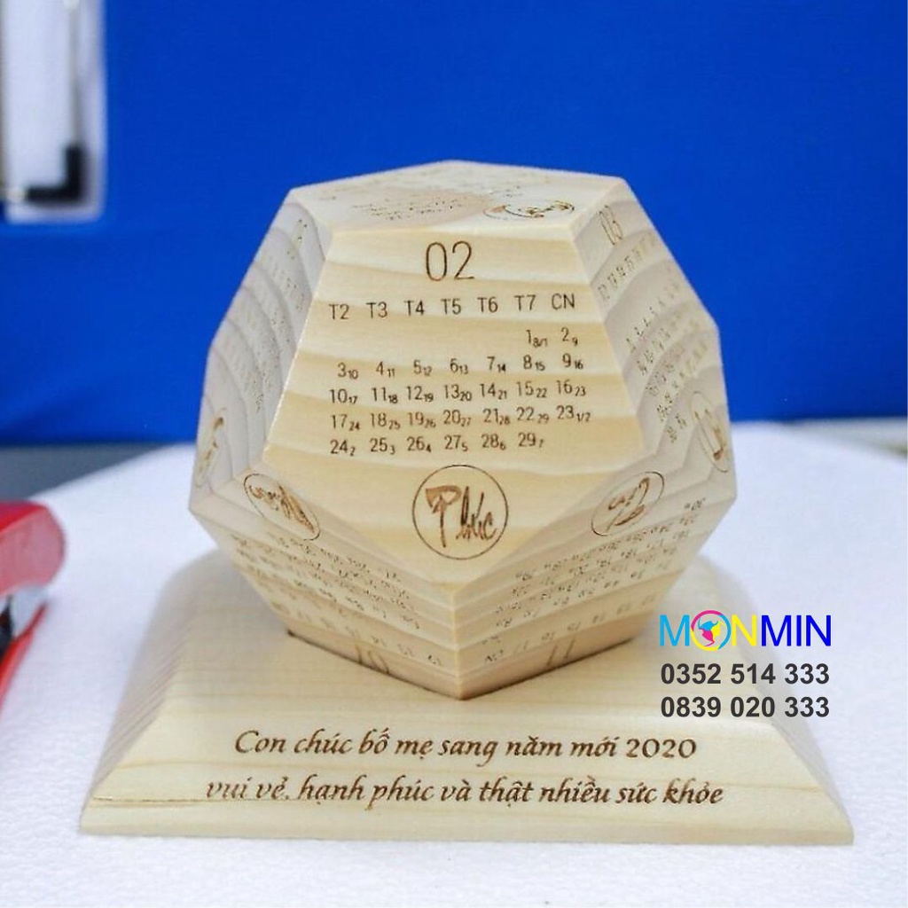 Lịch gỗ nguyên khối để bàn 12 mặt - Khắc theo yêu cầu, lịch gỗ ngũ giác phong thủy - Quà tết tặng sếp, khách hàng
