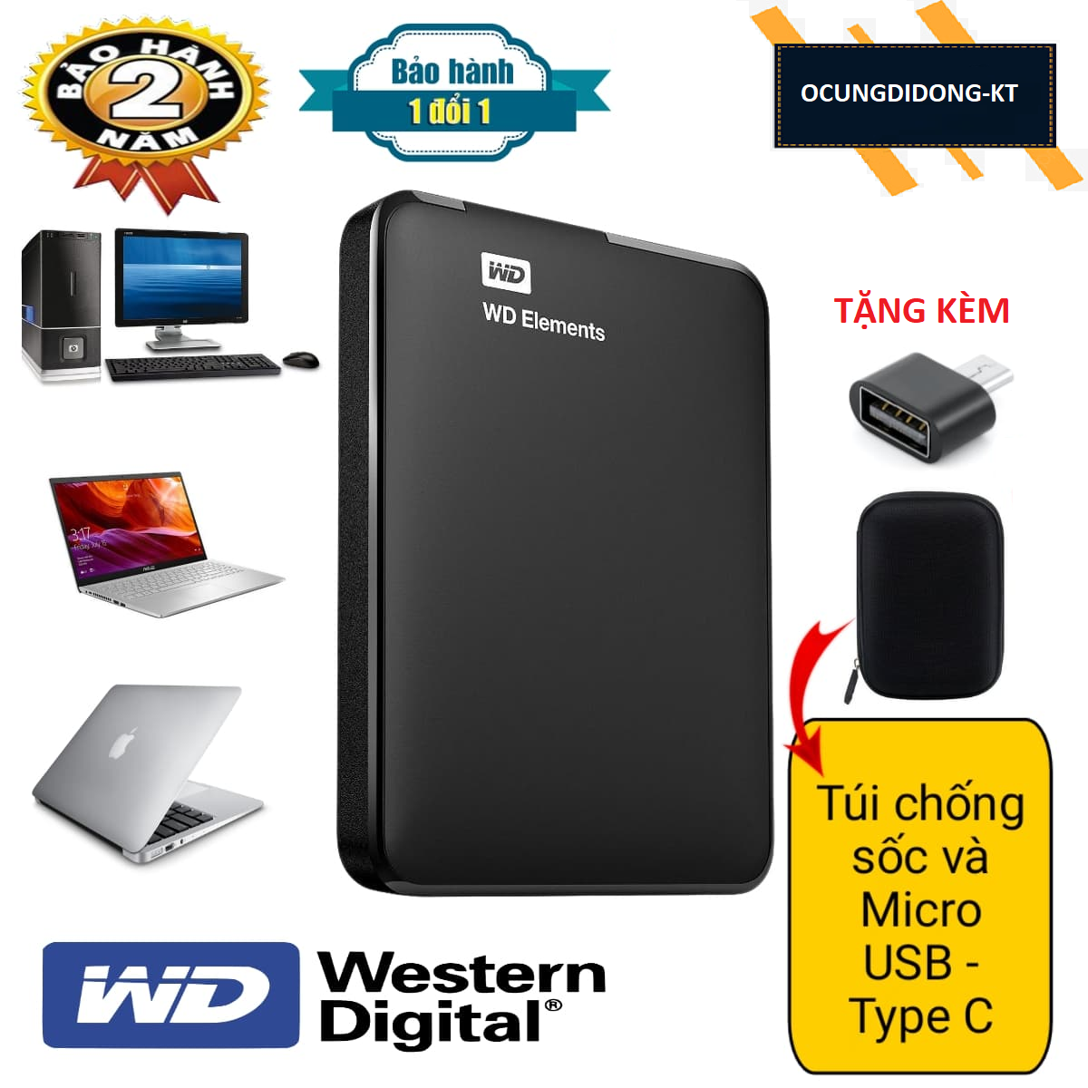 Ổ cứng di động wd elements 1tb - tặng túi chống sốc và type c micro usb kết nối đt android- bảo hành 24 tháng 1 đổi 1