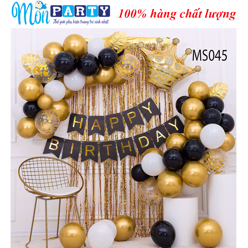 Set bóng trang trí sinh nhật tone màu vàng gold đen như ảnh, tặng kèm dải dây kết bóng thành chùm, bơm, băng dính