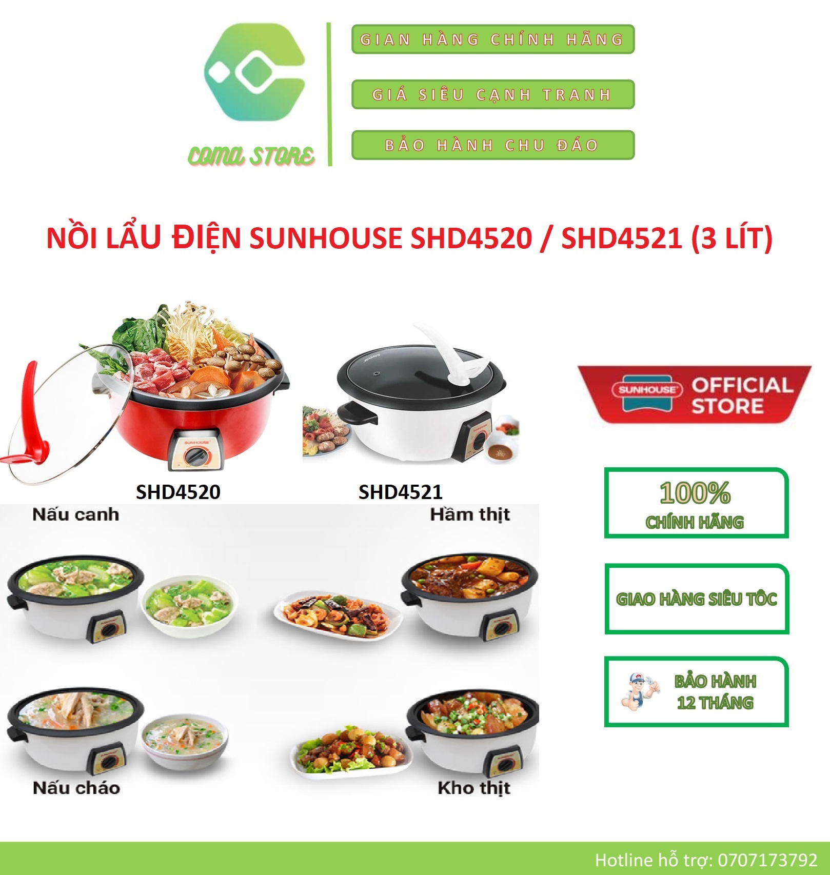 SHD4520 / SHD4521 – NỒI LẨU ĐIỆN SUNHOUSE 3L – BẢO HÀNH CHÍNH HÃNG 12 THÁNG