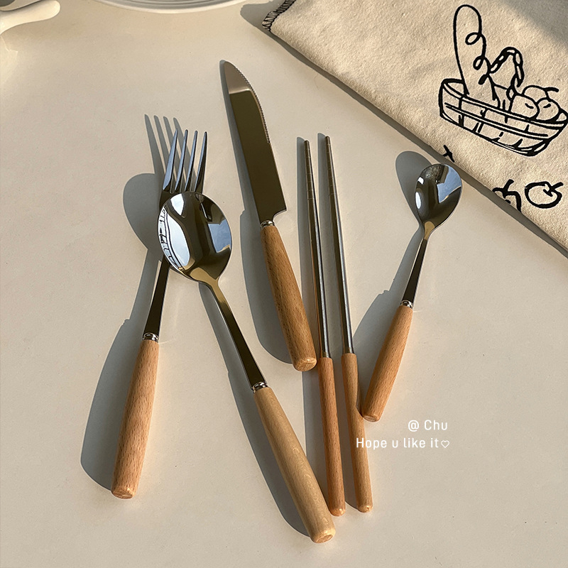 Đũa thìa dĩa inox cán gỗ cao cấp phong cách Hàn Quốc, bộ thìa đũa cá nhân cán gỗ