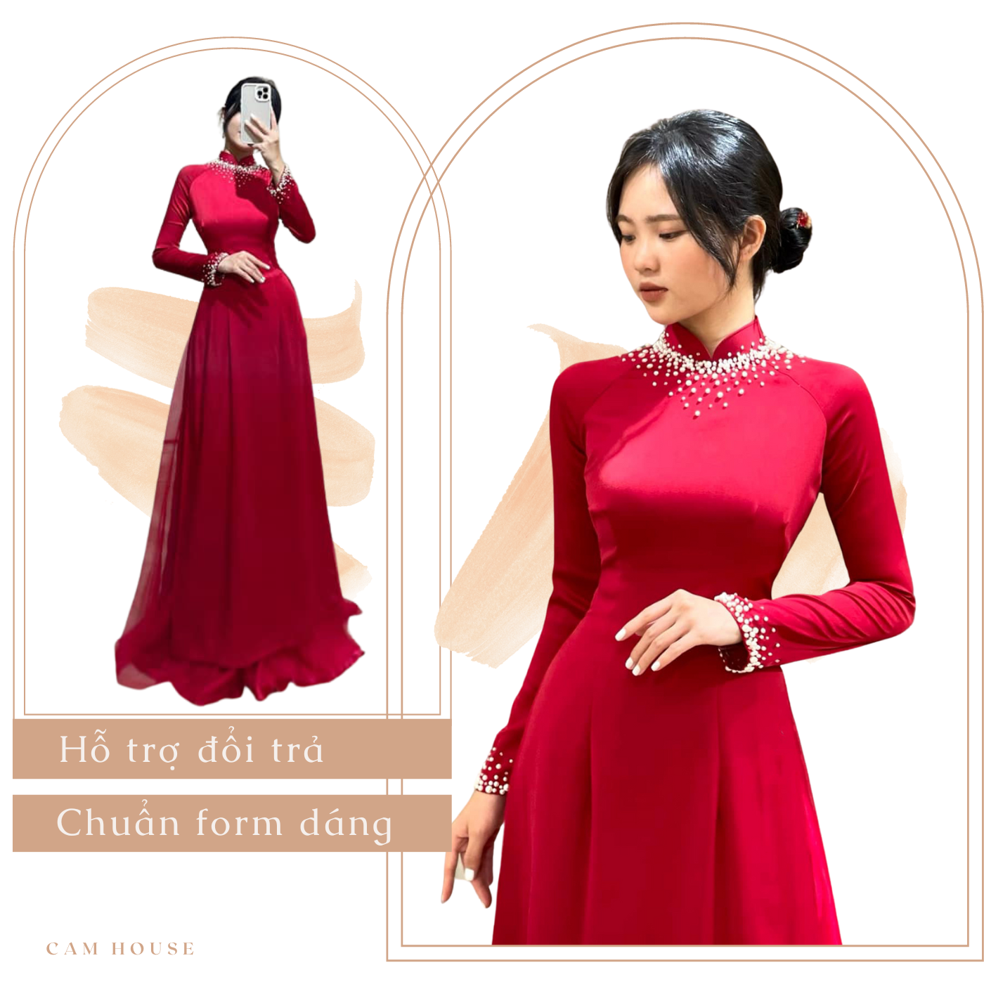 Áo dài cưới đỏ tủa ngọc trai
