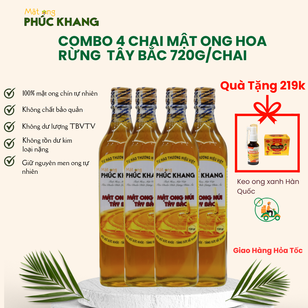 *[Mật ong phúc khang]  Combo 4 chai mật ong rừng tây bắc Phúc Khang 720G - Mật ong nguyên chất - Đạt chuẩn xuất khẩu - Không nhiễm hóa chất , Kháng sinh , Kim loại nặng , Chất bảo vệ thực vật - An toàn cho gia đìn