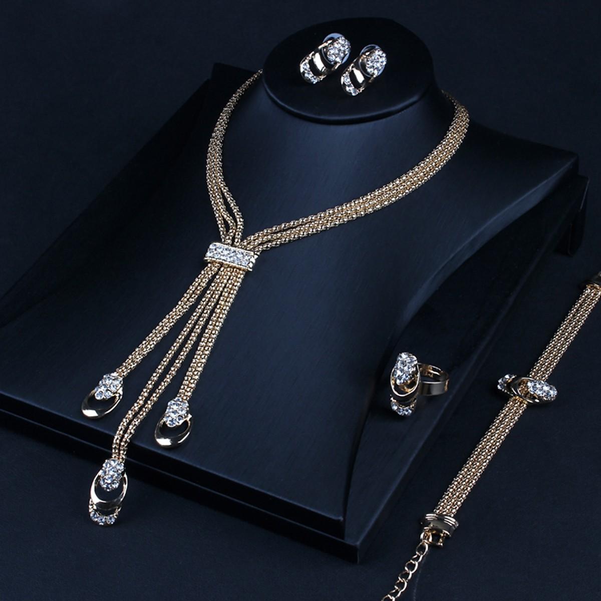 Combo trang sức nữ 4 món dây chuyền, lắc tay, bông tai và nhẫn