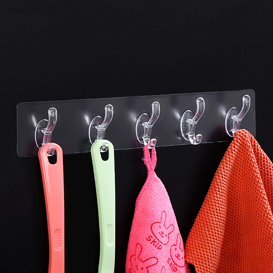 Combo 4 Thanh 5 Móc treo quần áo dán tường Living C, giá treo đồ 5 móc kép nhựa loại lớn không cần khoan đục tiện lợi
