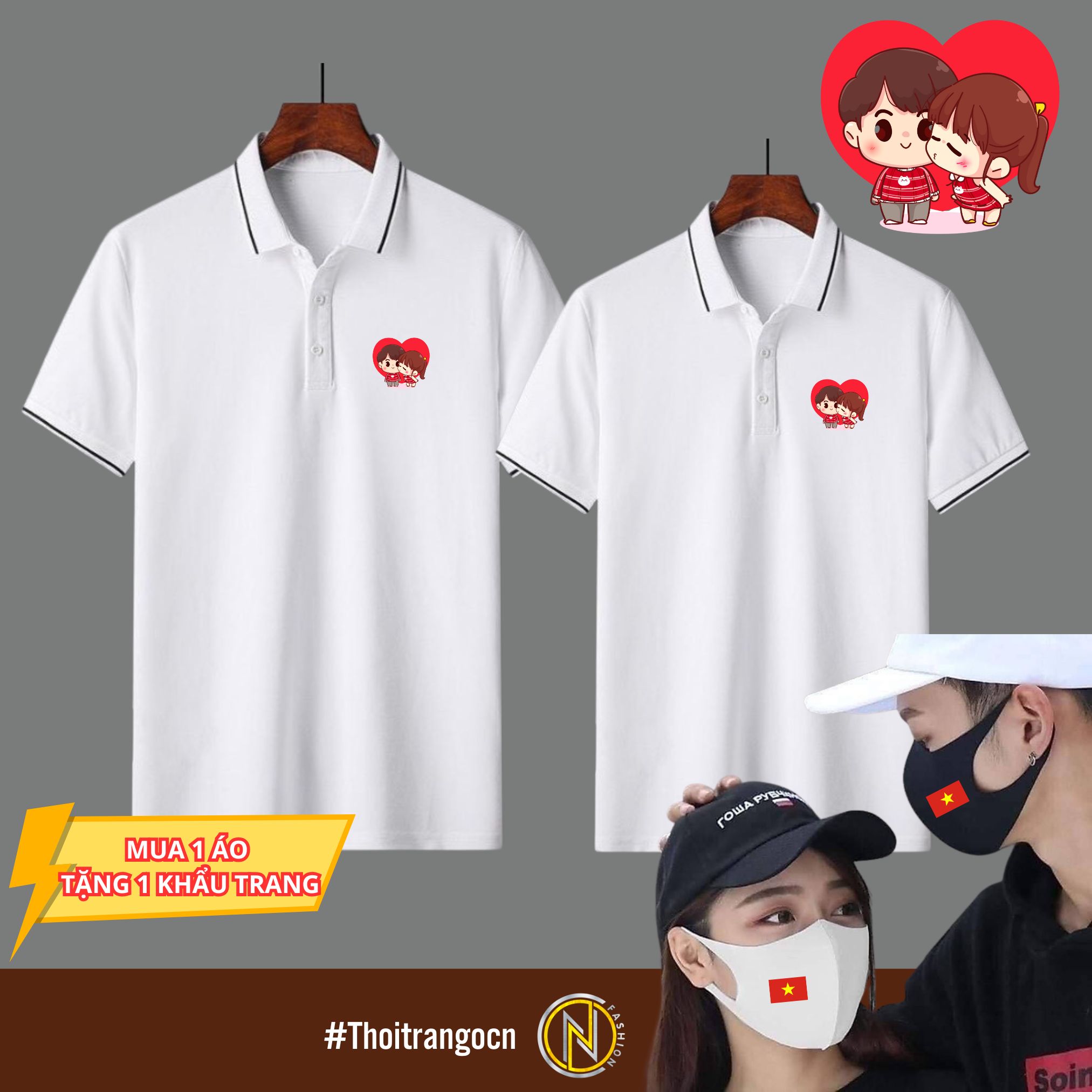 Áo đôi nam nữ mới nhất Áo Polo Nam nữ Áo cặp có cổ giá tốt Mẫu Chi bi 2 chibi trong tái tim Mua 1 áo tặng 1 khẩu trang - Thời Trang OCN