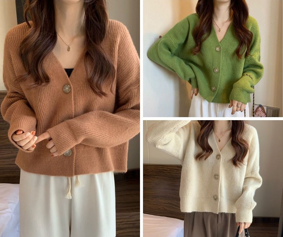 Áo len dài tay cổ V cài cúc, Áo cardigan trơn basic, Áo len Quảng Châu cao cấp ALC04