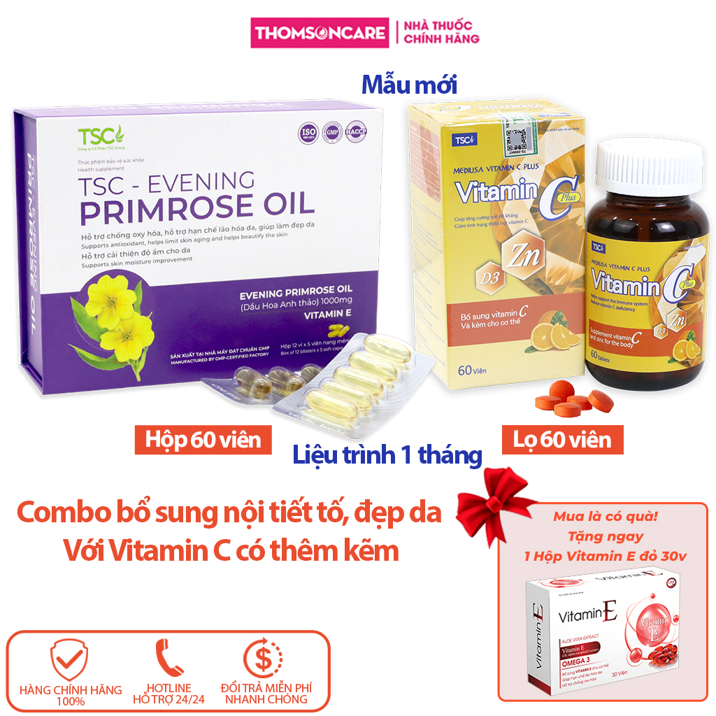 Viên uống hoa anh thảo Evening Tsc 30v và Vitamin C Tsc 60v - Combo nội tiết tố, giảm lão hóa, sáng da - Thomsoncare mẫu mới