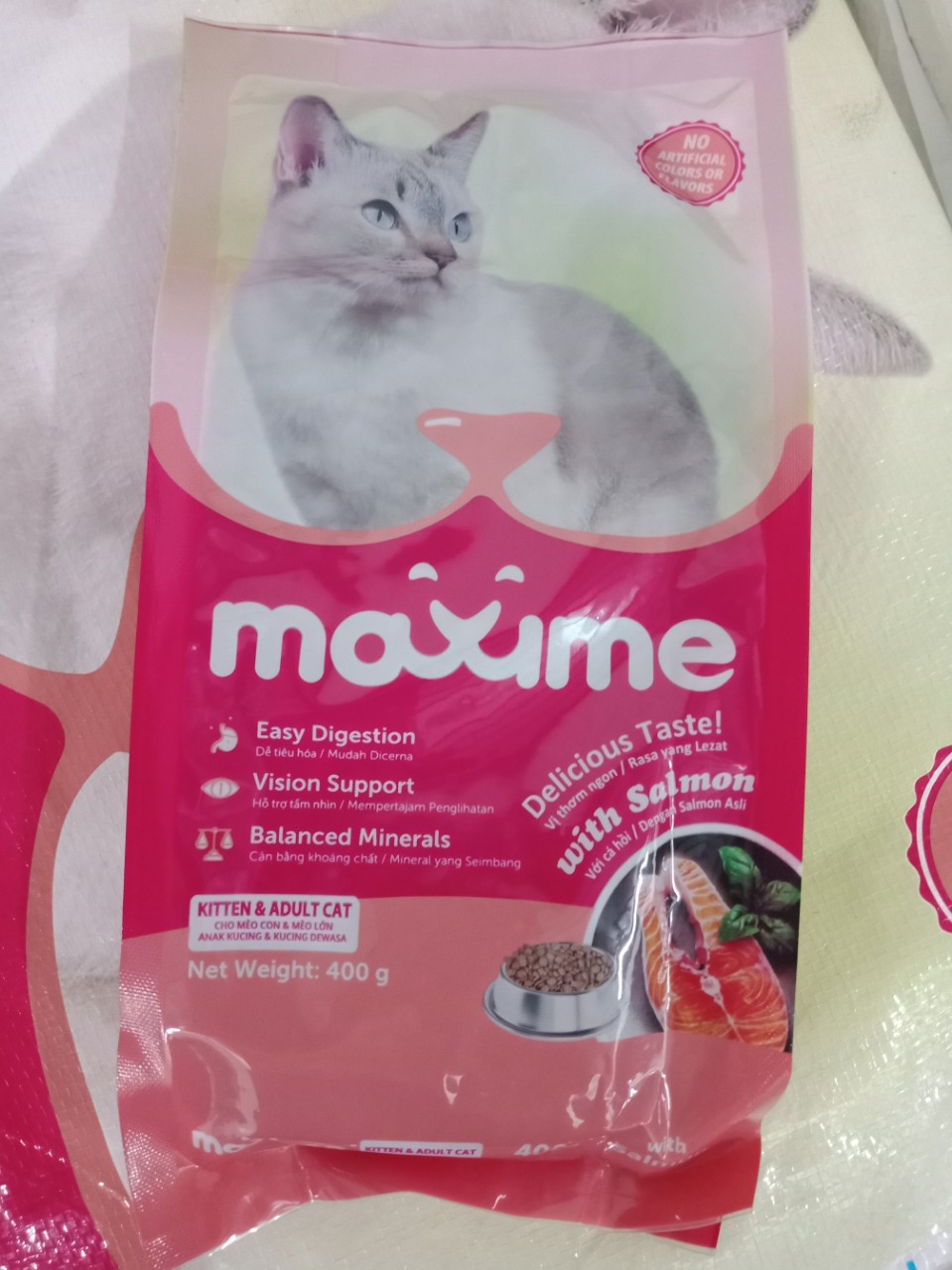 Thức ăn hạt cho mèo mọi lứa tuổi vị cá hồi maxime gói 400g