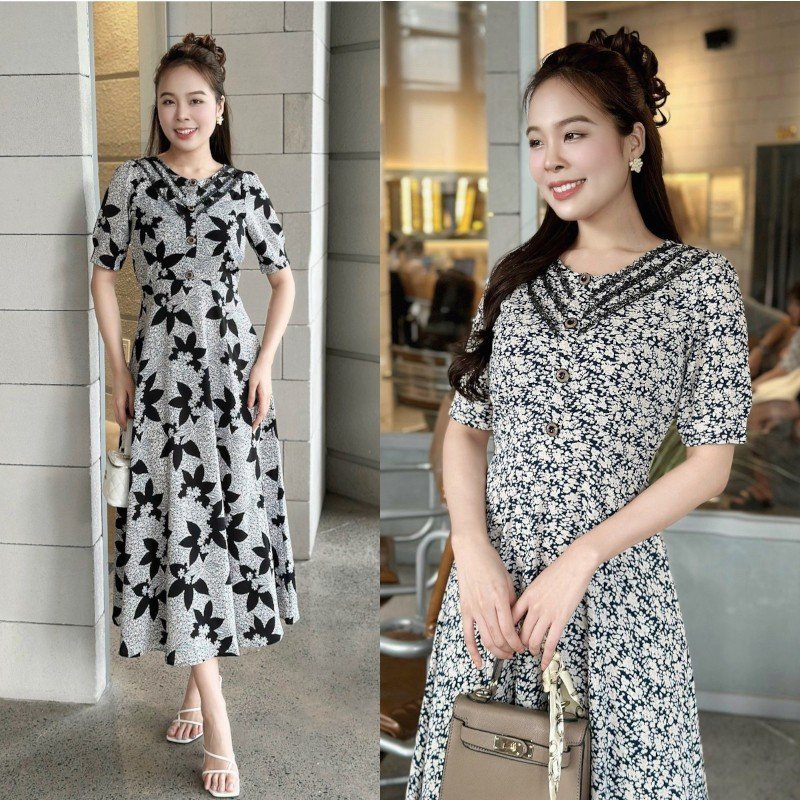 Đầm hoa form dài, cổ phối ren đính nẹp đính nút, tay hơi phồng Misa - MS0291
