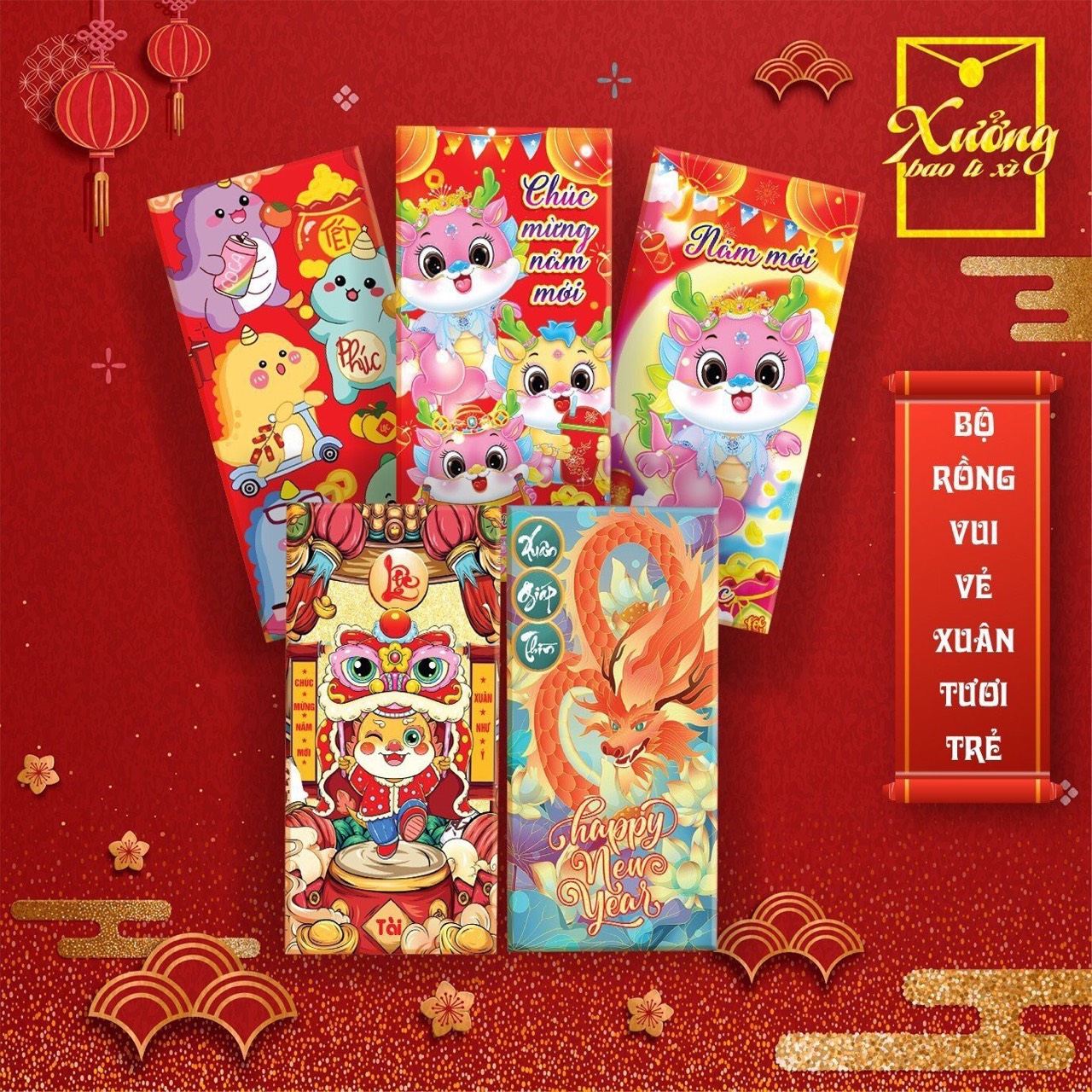 Set 100 bao lì xì truyền thống đẹp têt quỹ mão 2024, mix nhiều mẫu -