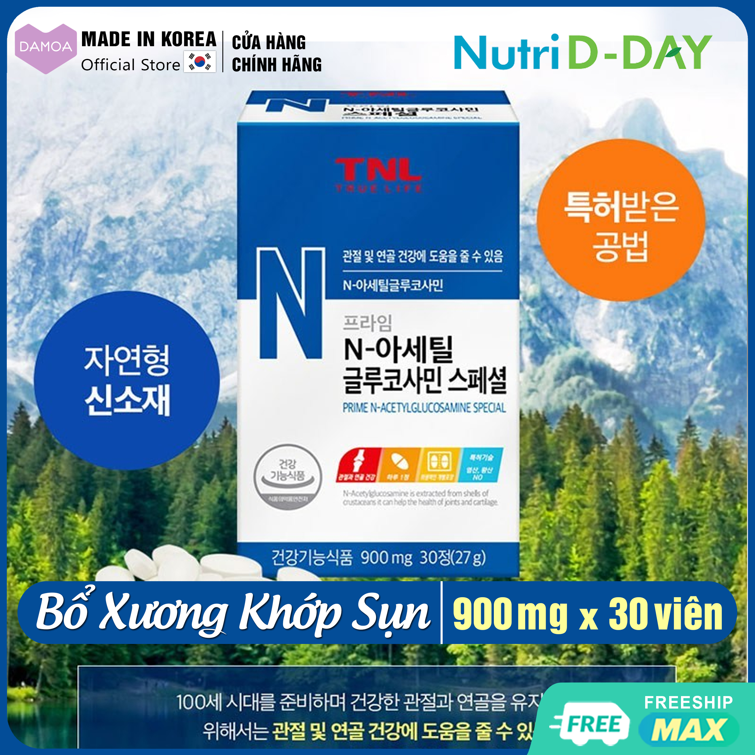 Viên uống Bổ Xương Khớp Sụn từ Canxi & Sụn vi cá mập Nutri D-Day TNL Prime N-Acetyl Glucosamine Special Hàn Quốc