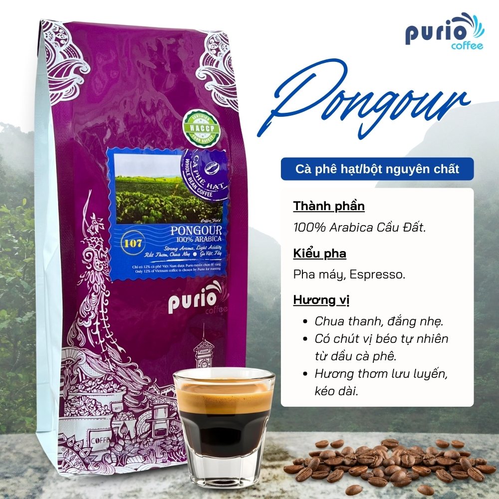 Cà phê Arabica rang xay nguyên chất sạch Purio Pongour Arabica chua thanh 250g