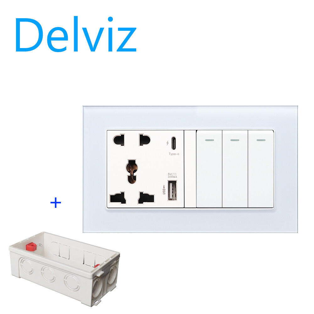 Delviz 3 On 2 Street lamp Switch Socket, Type-C interface socket, 146mm*86mm toughened glass frame socket, Wall Power USB C port Quick Charge socket, 18W 3100mA Smart Quick Charge