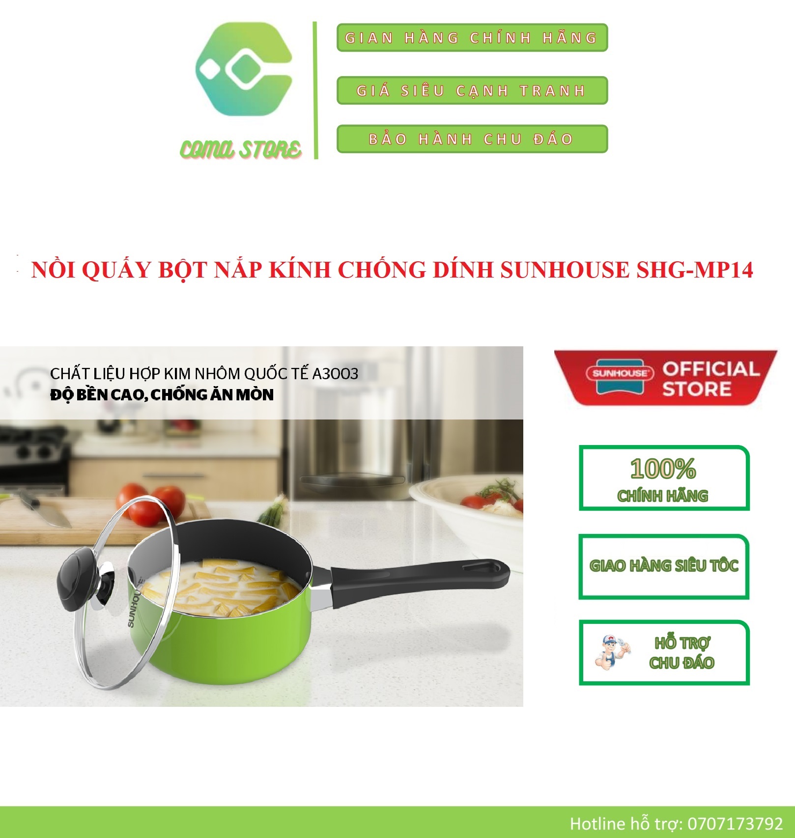 Shg-mp14 - nồi quấy bột nắp kính chống dính sunhouse - hàng chính hãng
