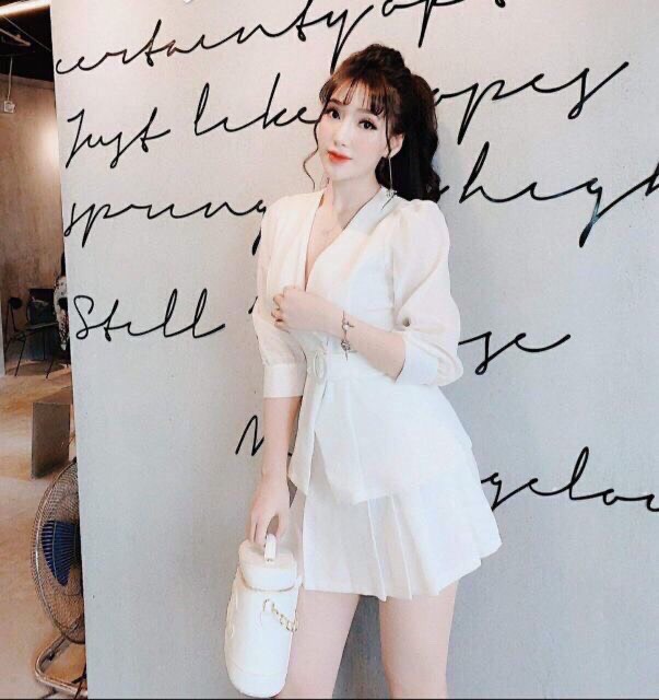 [HCM]Sét váy rời oán tay voan cổ V+chân váy xếp li có lót trong