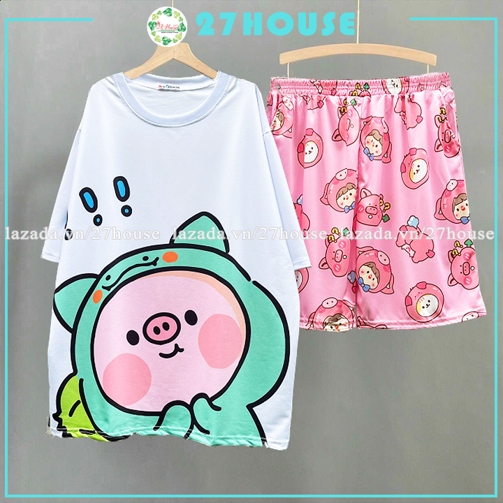 Bộ đùi hoạt hình heo cute áo thun phom rộng tay lỡ quần cartoon
