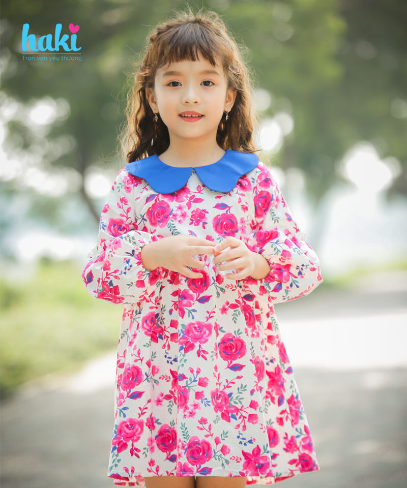 Váy bé gái hoa bèo tay cổ Peter Pan sắc màu, đầm cho bé gái thô cao cấp xuất khẩu HAKI HK498 (10-26kg); đầm thiết kế bé gái; váy dài tay cho bé; kid dress