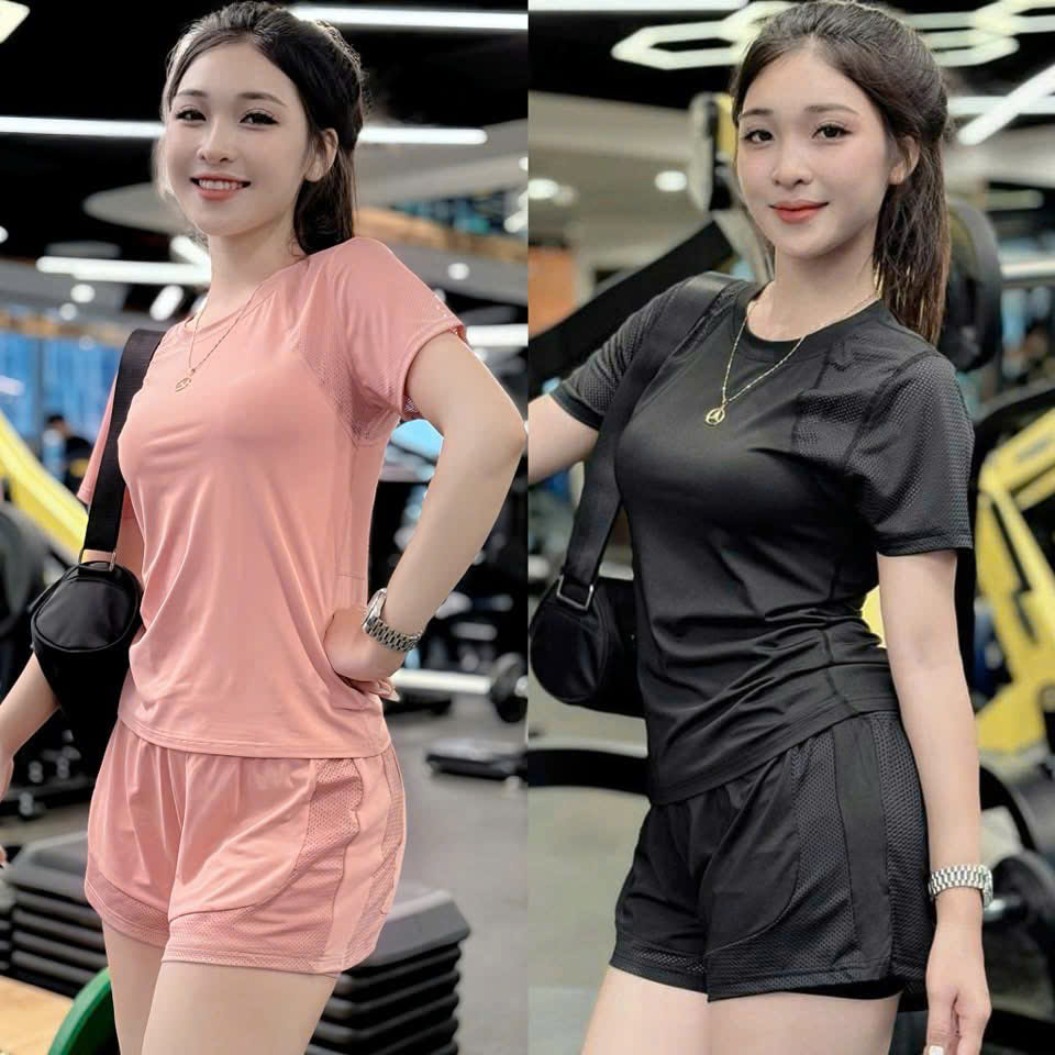 ( CÓ TÚI QUẦN)Set quần áo tập gym yoga erobic đạp xe nữ phối lưới chạy bộ chơi cầu lông, vải co giãn 4 chiều, quần đùi 2 lớp áo phủ bụng(NG10)