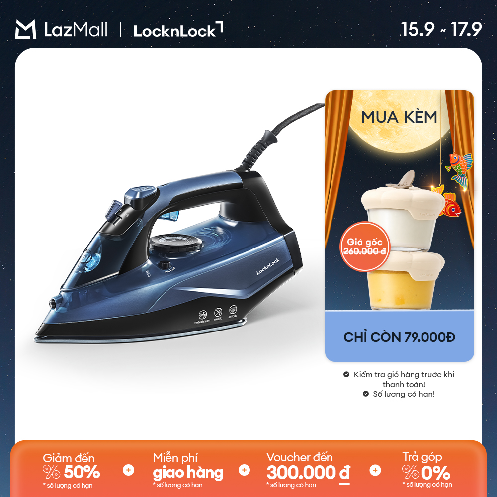 Bàn ủi hơi nước LocknLock ENI362BLU 2000-2400W, 340ml - màu xanh dương - Tăng cường phun hơi đáy  phun tia, có chế độ tự làm sạch
