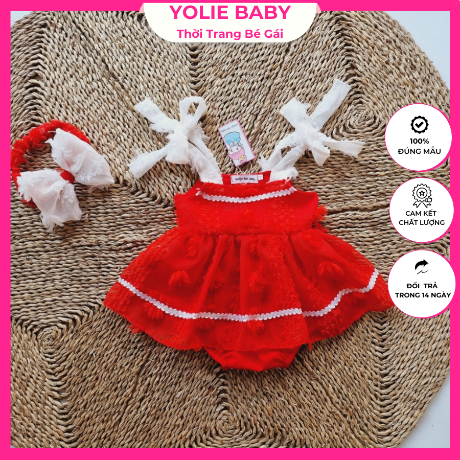 Body váy hoa đỏ tặng kèm phụ kiện cho bé 3kg đến 12kg