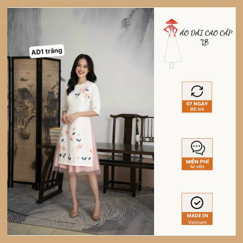Áo Dài Thiết Kế [Freeship] Áo Dài Lụa Cao Cấp Màu Vàng Đính Hoa Kèm Chân Váy Nữ Tính Đủ Size Từ 40-63kg AD31