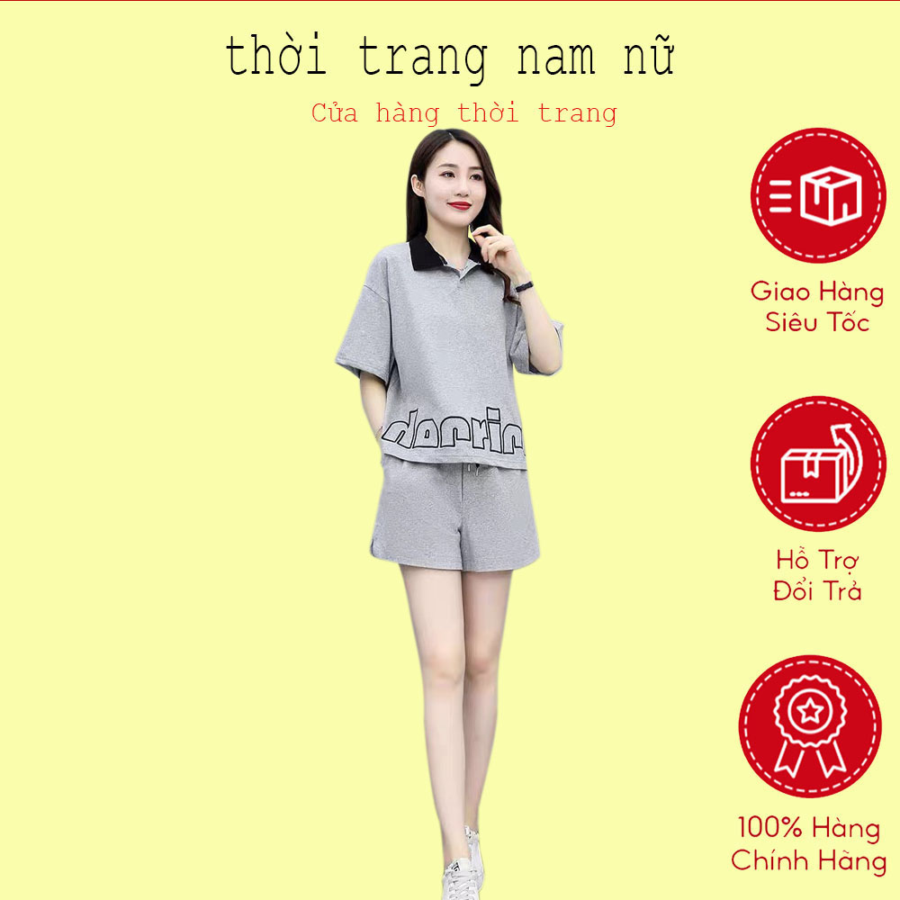 Sét bộ nữ đi chơi, cổ sơ mi áo tay dài kèm quần đùi chất cotton cao cấp